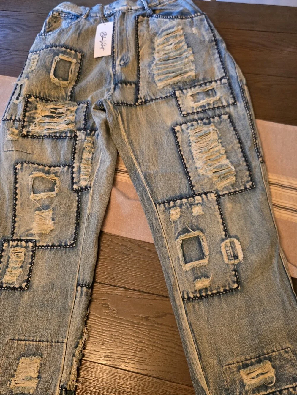 NWT Blue Velvet Boutique Baggy Distressed Patchwork Boho Hippie Festival Jeans L